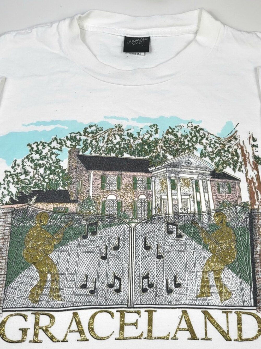 Vintage Elvis Presley Graphic Tee Graceland Mansion White Shirt XL Diamond Dust